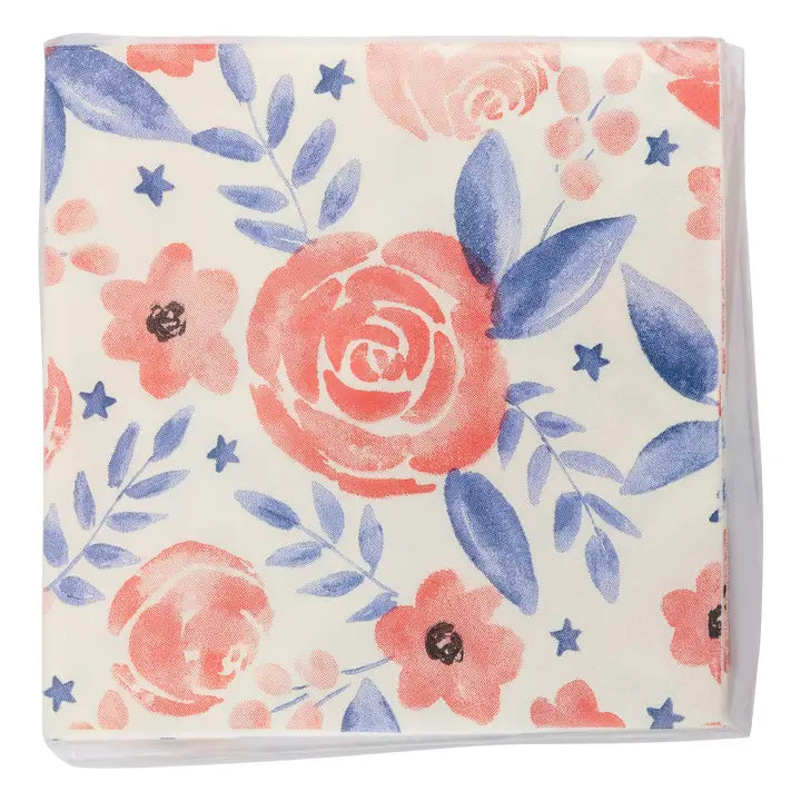 Red and Blue Watercolor Floral Paper Cocktail Napkin