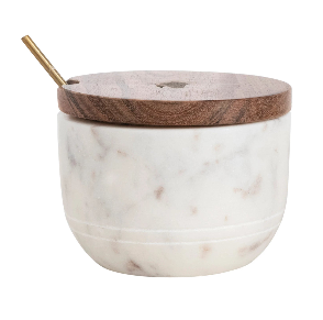 Marble and Acacia Wood Bowl with Lid and Brass Spoon