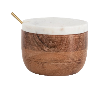 Marble and Acacia Wood Bowl with Lid and Brass Spoon