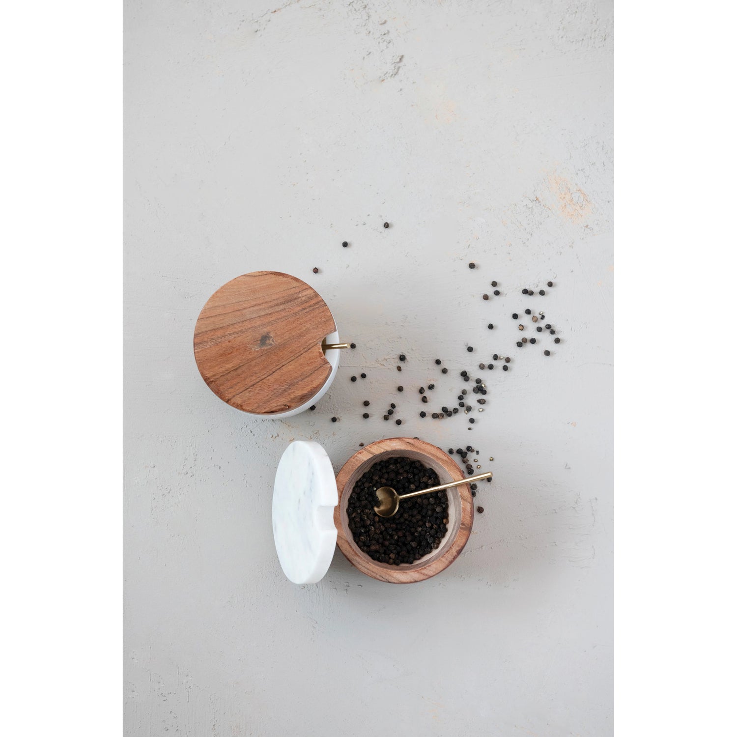 Marble and Acacia Wood Bowl with Lid and Brass Spoon