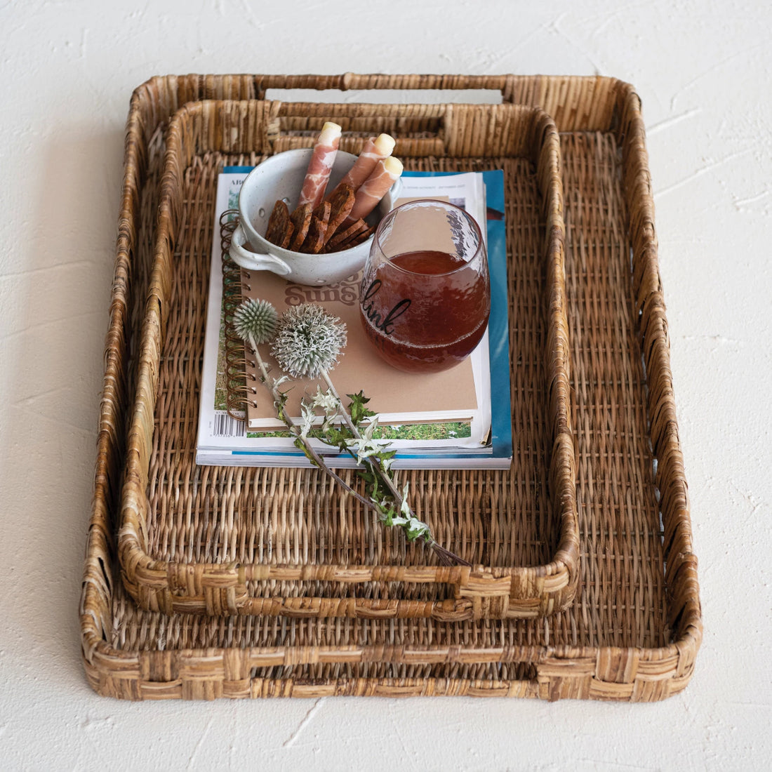 Decorative Hand-Woven Rattan Trays w/ Handles