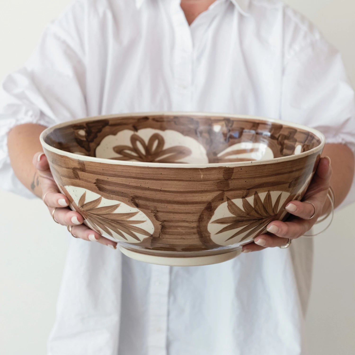 Hand-Painted Floral Stoneware Bowl