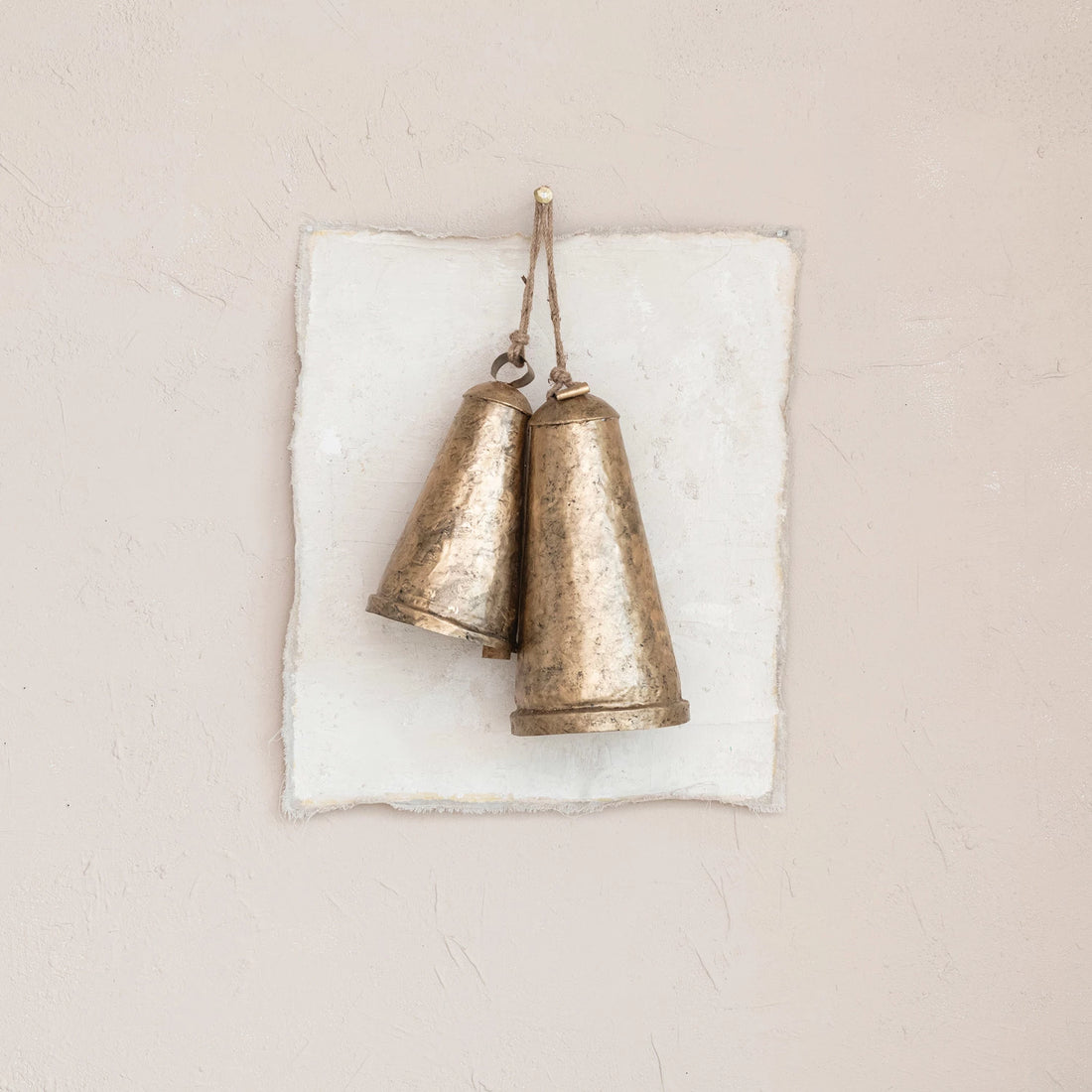 Metal Bell on Jute Rope Hanger, Antique Gold Finish