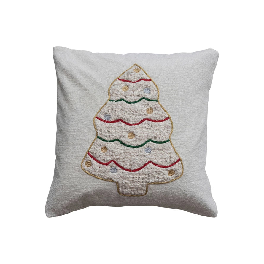 Holiday Cotton Pillow w/ Embroidered &amp; Tufted Christmas Tree