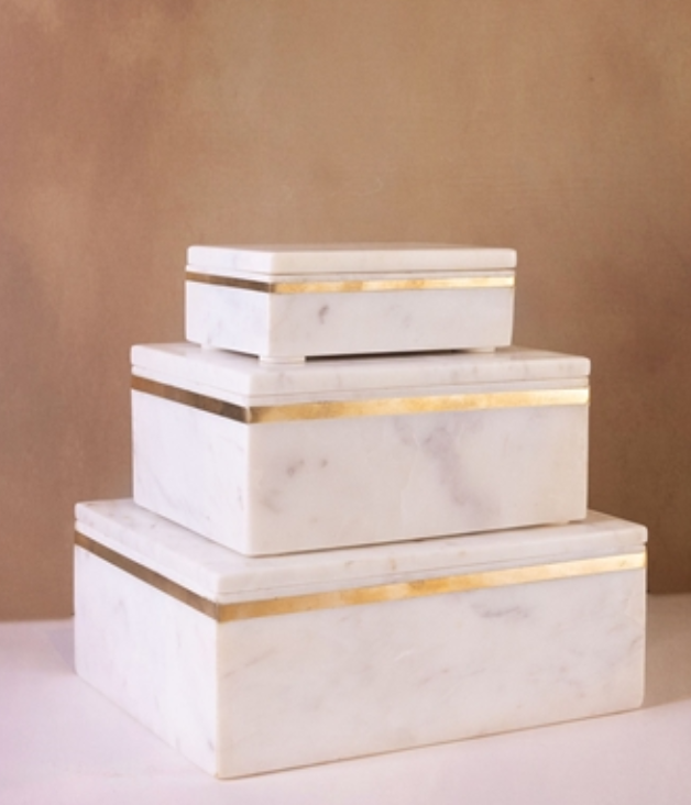 Large White Marble Box w/ Brass Inlay